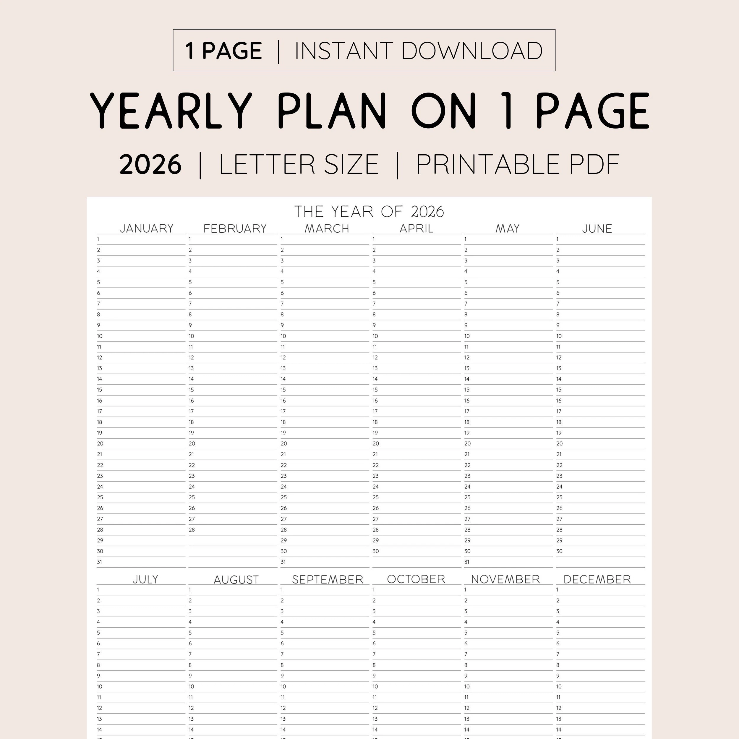 2026 Year At A Glance INSTANT DOWNLOAD Yearly Overview Printable Calendar Yearly Planner Annual Overview Etsy