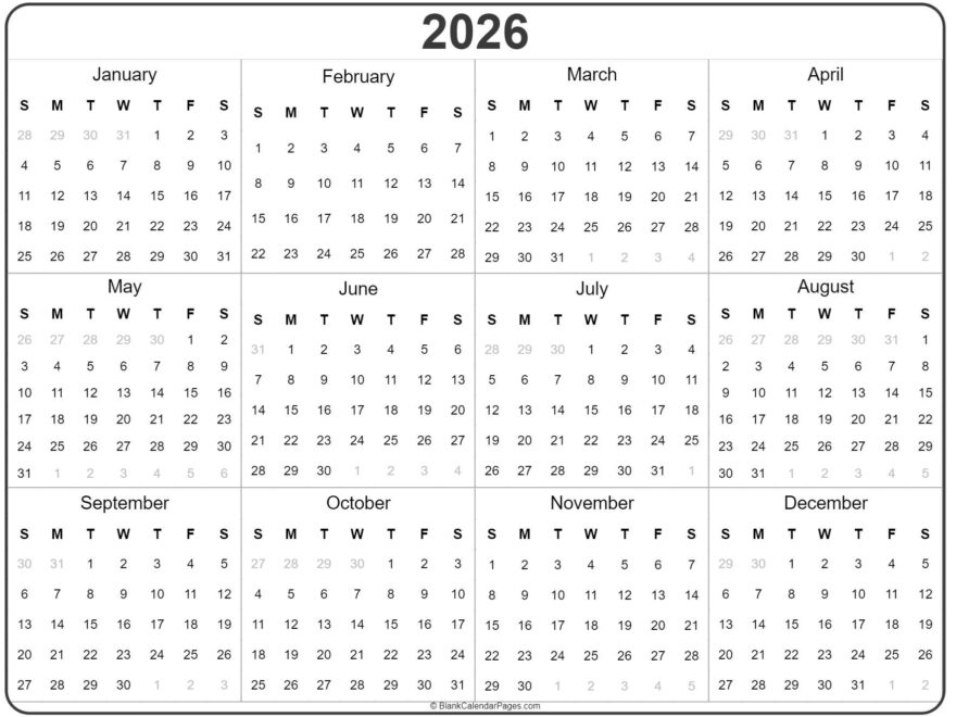 2026 Year Calendar Yearly Printable