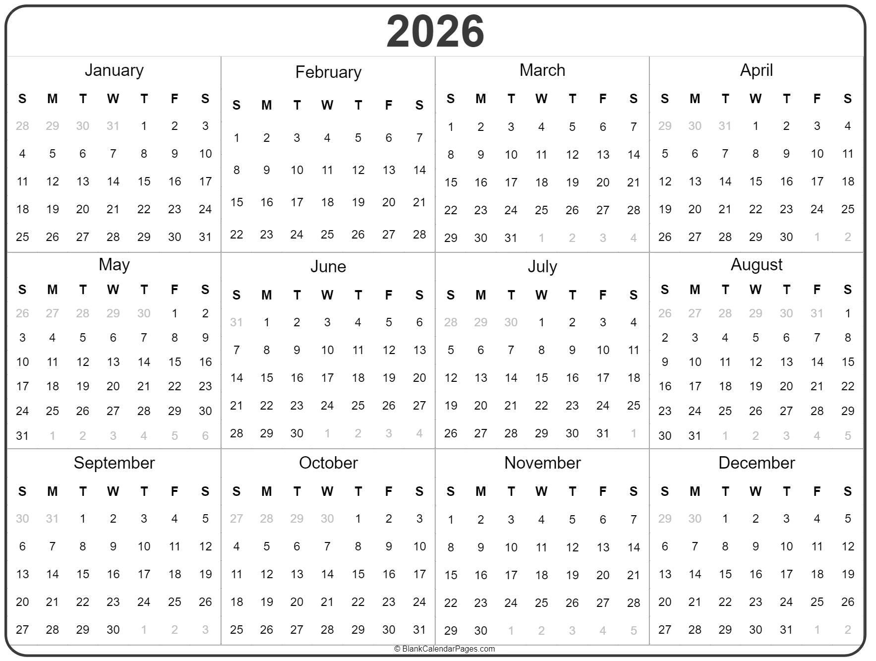 2026 Printable Calendar Yearly