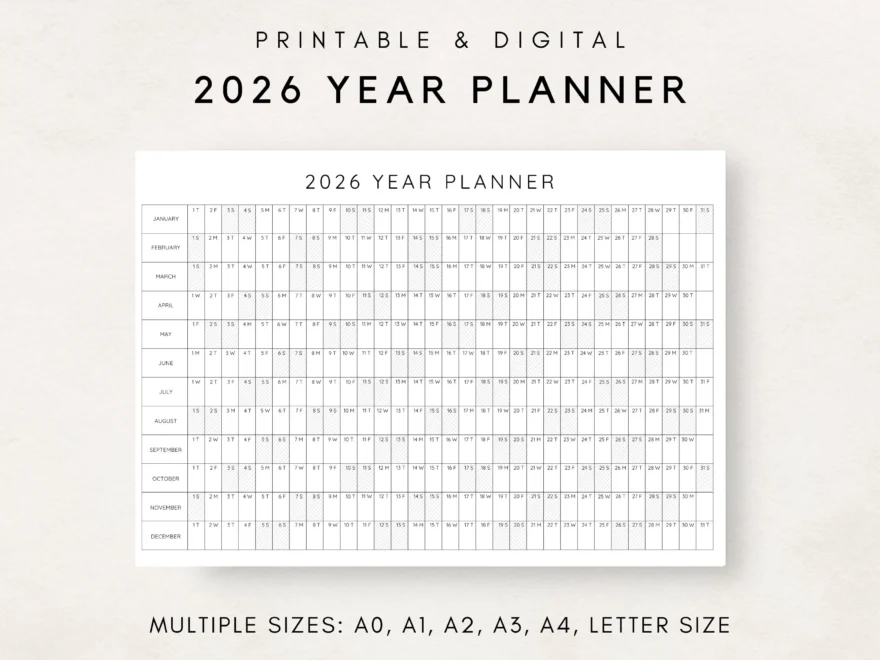2026 Year Planner Printable Yearly Planning Calendar Calendar Poster Digital Calendar 2026 Calendar 2026 Planner Year At A Glance Etsy