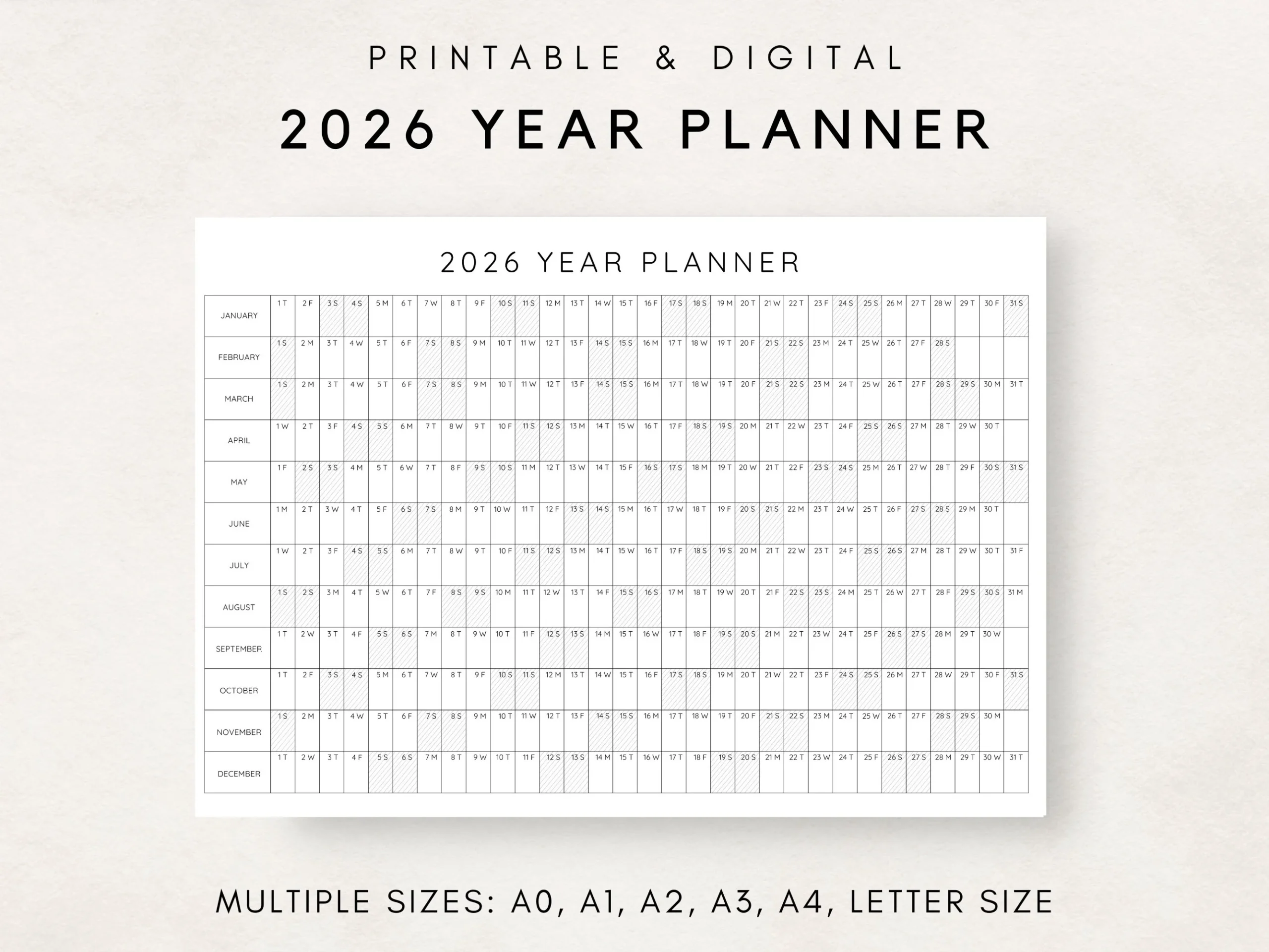 2026 Year Planner Printable Yearly Planning Calendar Calendar Poster Digital Calendar 2026 Calendar 2026 Planner Year At A Glance Etsy