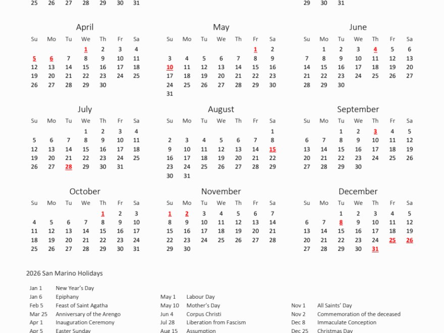 2026 Yearly Calendar Printable With San Marino Holidays