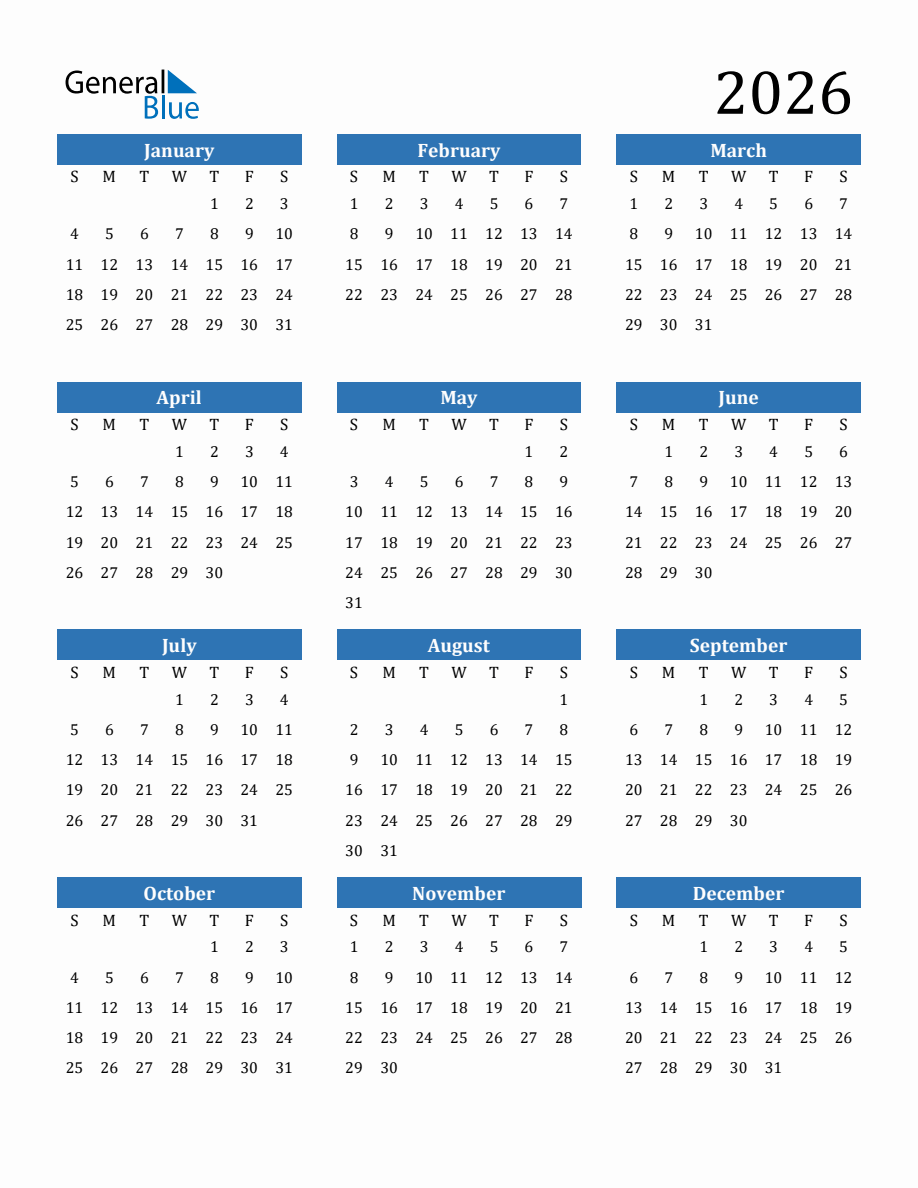 Printable Calendar 2026 Blue