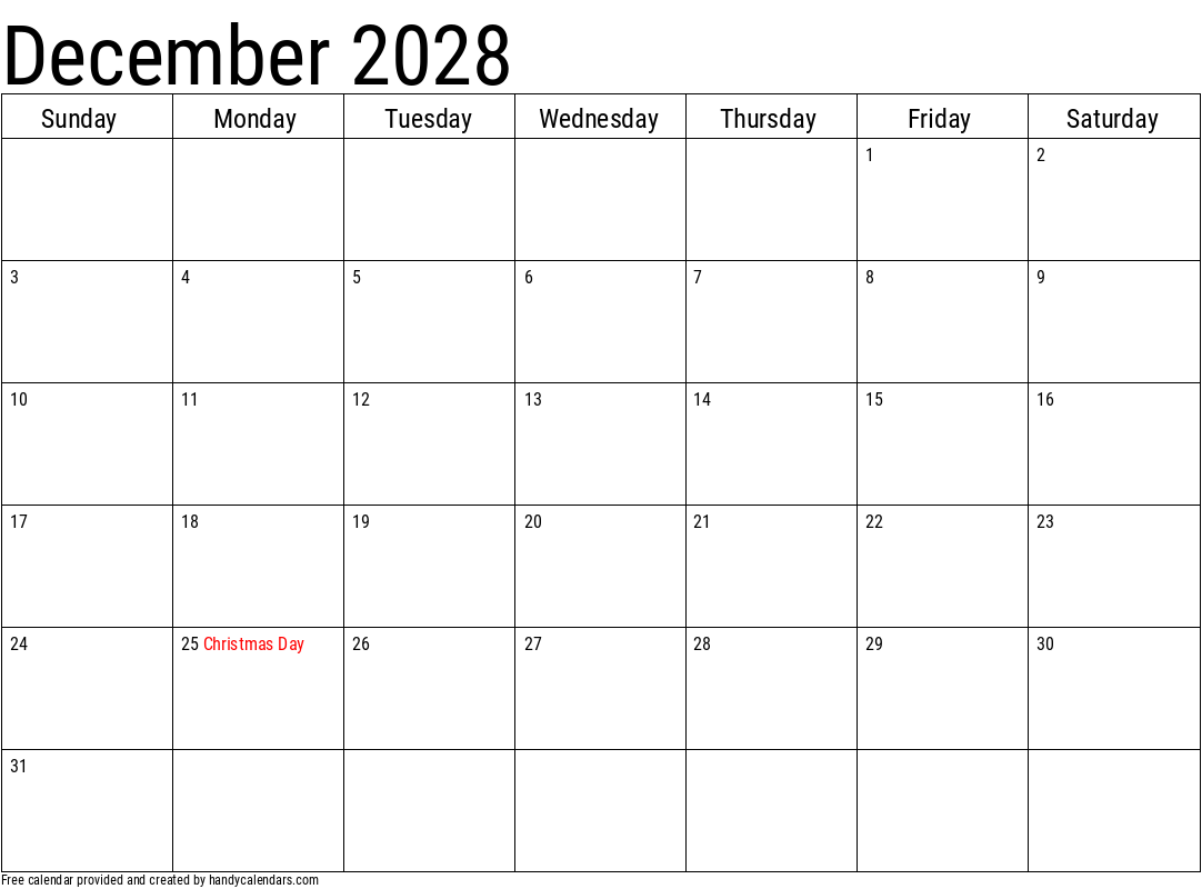 2028 December Calendars Handy Calendars