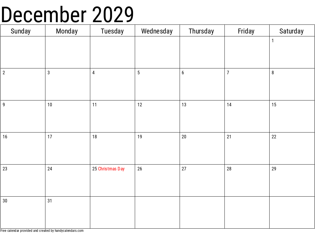 2029 December Calendars Handy Calendars