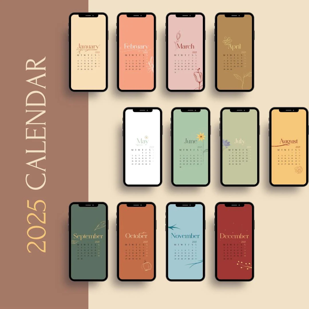 4K 12 Calendar 2025 Wallpapers Smartphone And IPad Digital Calendar Boho IPhone Android Set Of 12 Months Wallpaper HD Art Illustration Etsy