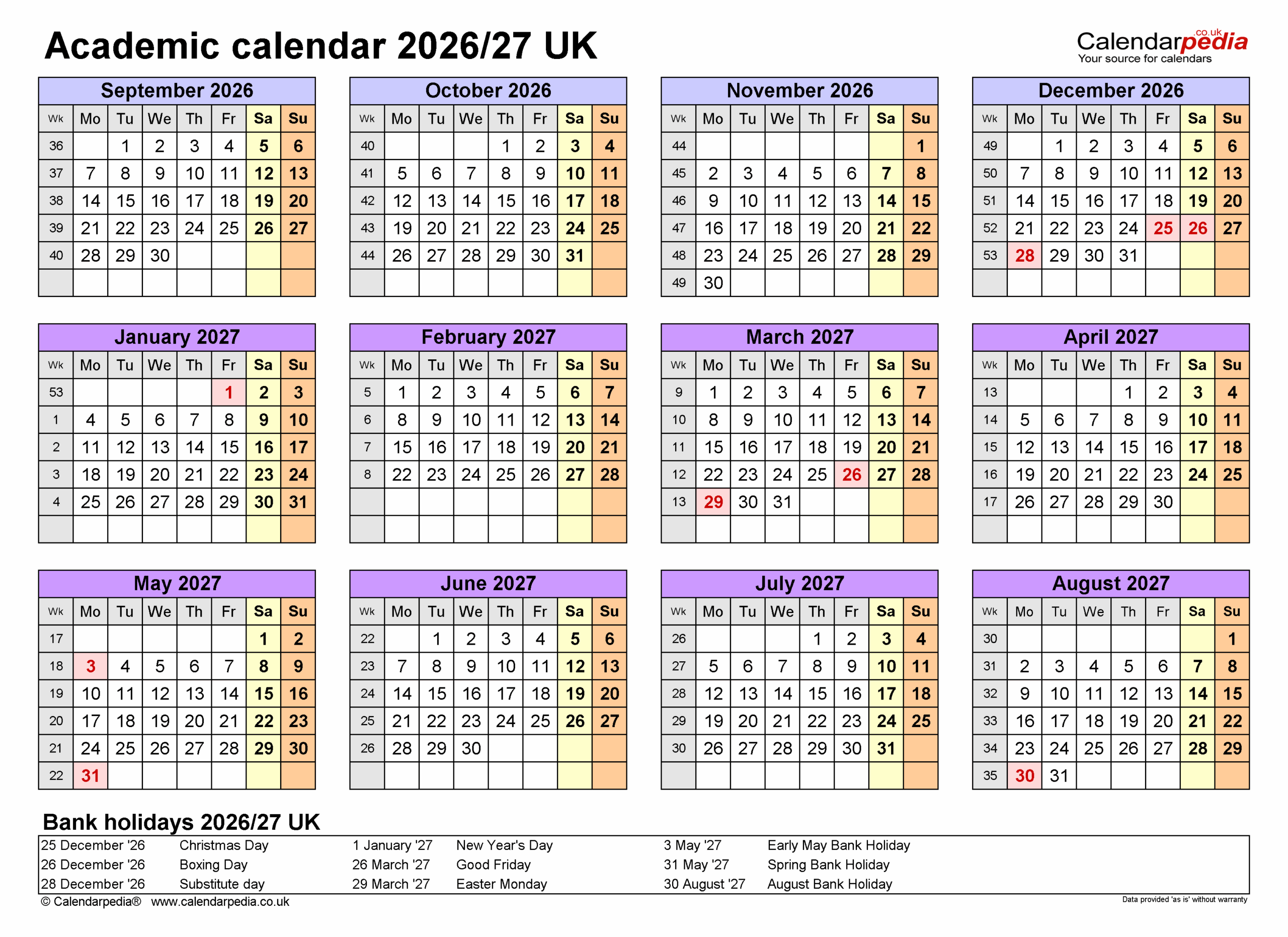 Printable Academic Calendar 2026-27