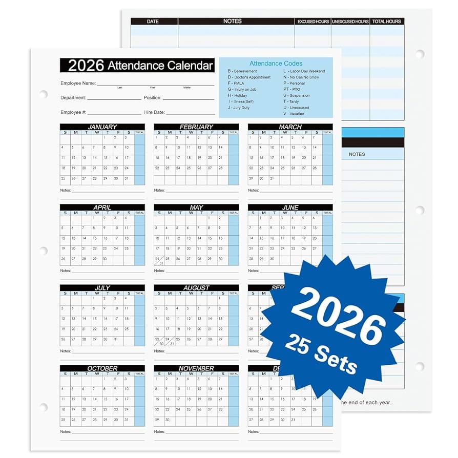 2026 Employee Attendance Calendar Printable