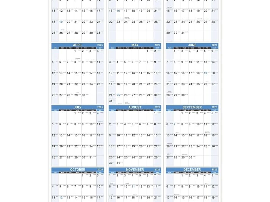 Amazon 2026 Yearly Wall Calendar 2026 Wall Calendar With Julian Date Jan 2026 Dec 2026 One Page For Organizing Premium Thick Paper Vertical Gift Pocket 34 8 X 22 8 Open Blue Office Products