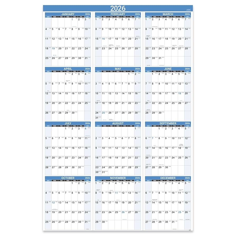 Amazon 2026 Yearly Wall Calendar 2026 Wall Calendar With Julian Date Jan 2026 Dec 2026 One Page For Organizing Premium Thick Paper Vertical Gift Pocket 34 8 X 22 8 Open Blue Office Products