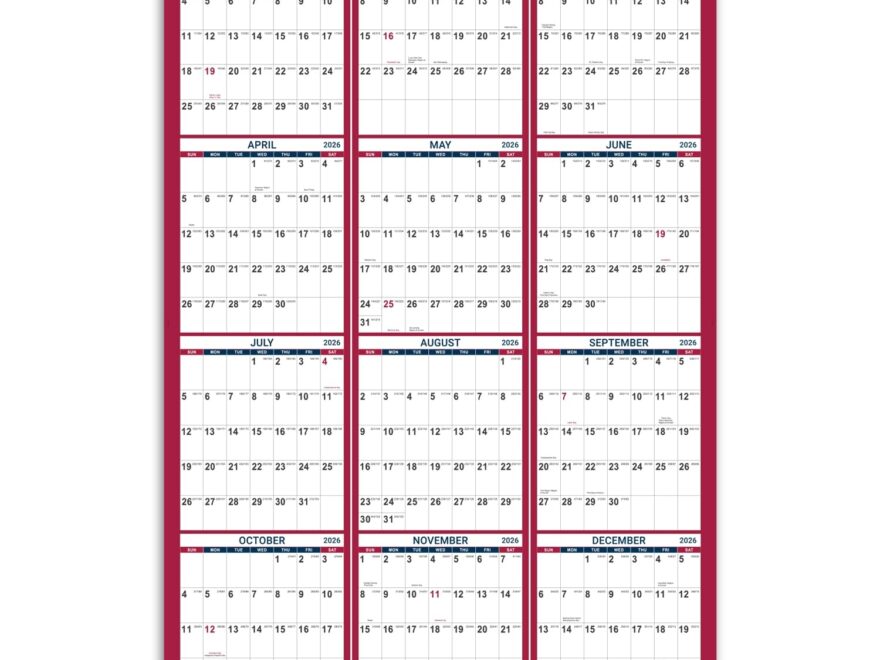 Amazon 2026 Yearly Wall Calendar 2026 Wall Calendar With Julian Date Jan 2026 Dec 2026 One Page For Organizing Premium Thick Paper Vertical Gift Pocket 34 8 X 22 8 Open Red Office Products