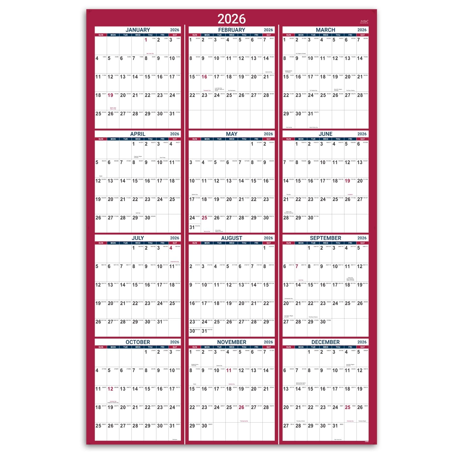 Amazon 2026 Yearly Wall Calendar 2026 Wall Calendar With Julian Date Jan 2026 Dec 2026 One Page For Organizing Premium Thick Paper Vertical Gift Pocket 34 8 X 22 8 Open Red Office Products