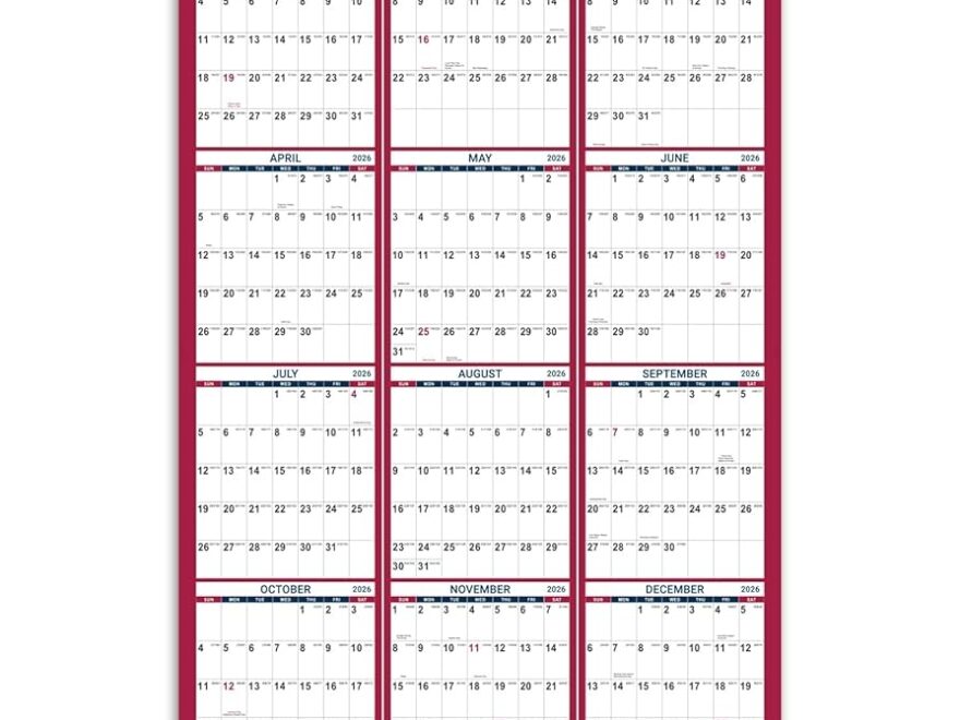 Amazon 2026 Yearly Wall Calendar 2026 Wall Calendar With Julian Date Jan 2026 Dec 2026 One Page For Organizing Premium Thick Paper Vertical Gift Pocket 34 8 X 22 8 Open Red Office Products