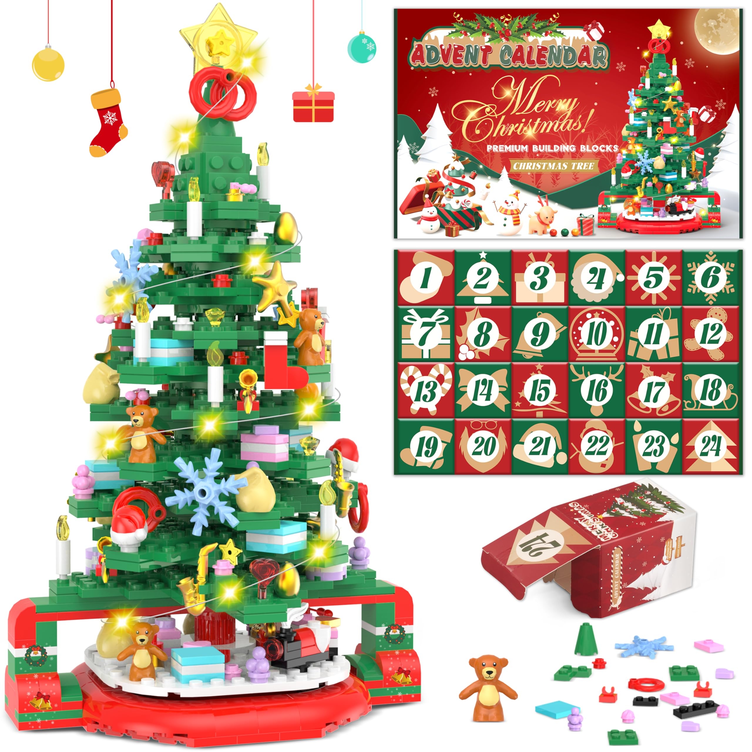 Amazon Advent Calendar 2025 Christmas Tree Building Set With LED Light 24 Days Christmas Countdown Calendar Christmas Tree Building Blocks Xmas Gifts For Adults Teens Kids Home Kitchen
