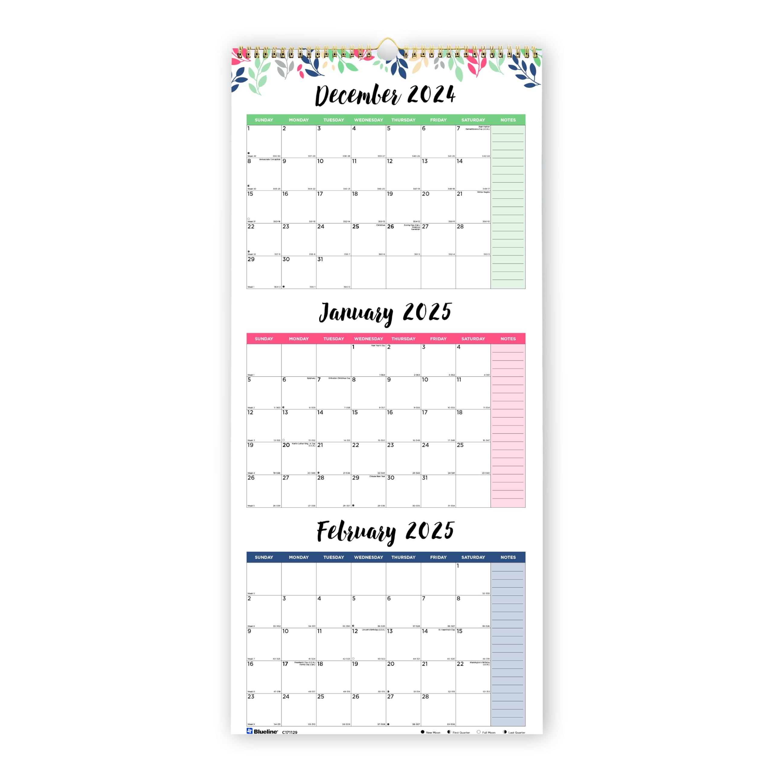 Amazon Blueline 2025 Colorful Three Month Wall Calendar 14 Months December 2024 To January 2026 Gold Twin Wire Binding 12 25 X 27 Leaves Design C171129 25 Office Products