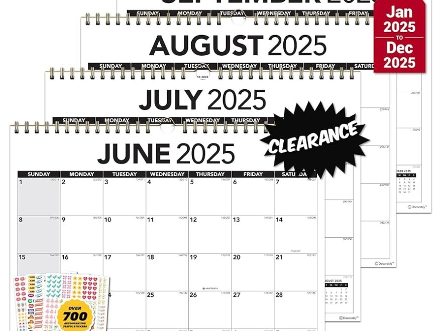 Amazon Decorably 12 Months Black And White 2025 Wall Calendar January To December 2025 14 5x11 5in Spiral Calendar With Notes Section And Stickers For Office And Home Planning And Organizing Office Products
