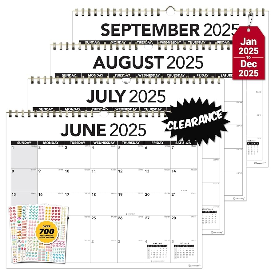 Amazon Decorably 12 Months Black And White 2025 Wall Calendar January To December 2025 14 5x11 5in Spiral Calendar With Notes Section And Stickers For Office And Home Planning And Organizing Office Products