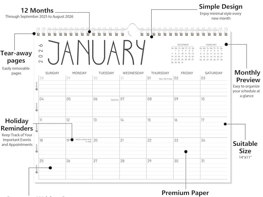 Amazon GuassLee 2025 Wall Calendar 12 Monthly Calendar From September 2025 To August 2026 14 X 11 2025 2026 Hanging Calendar With Spiral Binding Week Numbers For School Home Office Planning Organizing Office Products