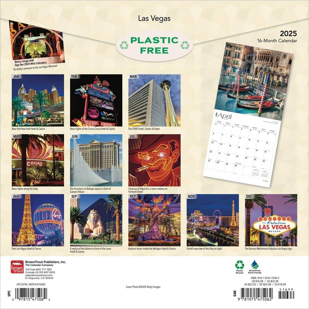 Amazon Las Vegas 2025 12 X 24 Inch Monthly Square Wall Calendar Foil Stamped Cover Plastic Free BrownTrout USA United States Of America Nevada Rocky Mountain City 9781975475062 