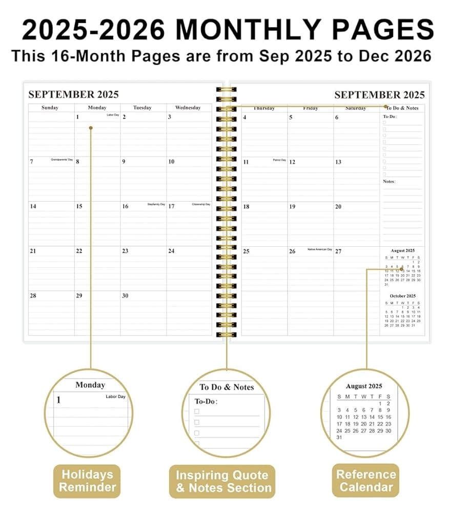 Amazon Monthly Planner 2025 2026 Monthly Calendar From September 2025 To December 2026 2025 2026 Planner With Inner Pocket Elastic Band 5 8 X 8 5 White Gold Flower Office Products