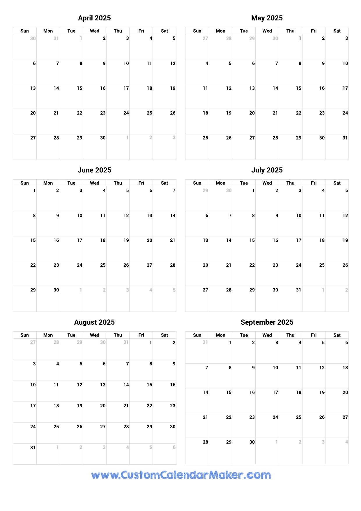 April To September 2025 Printable Calendar Custom Calendar Maker