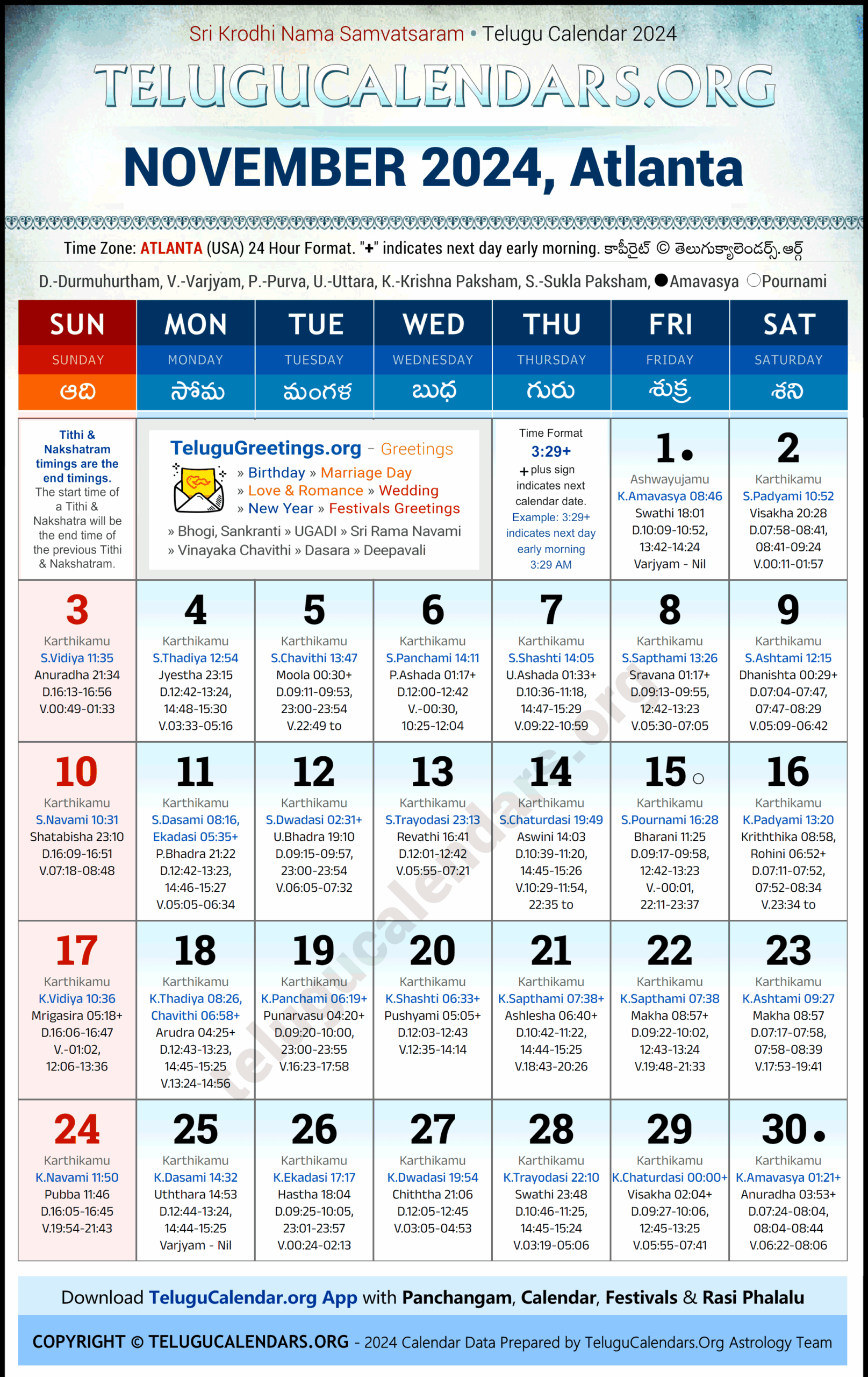 Atlanta Telugu Calendar November 2025