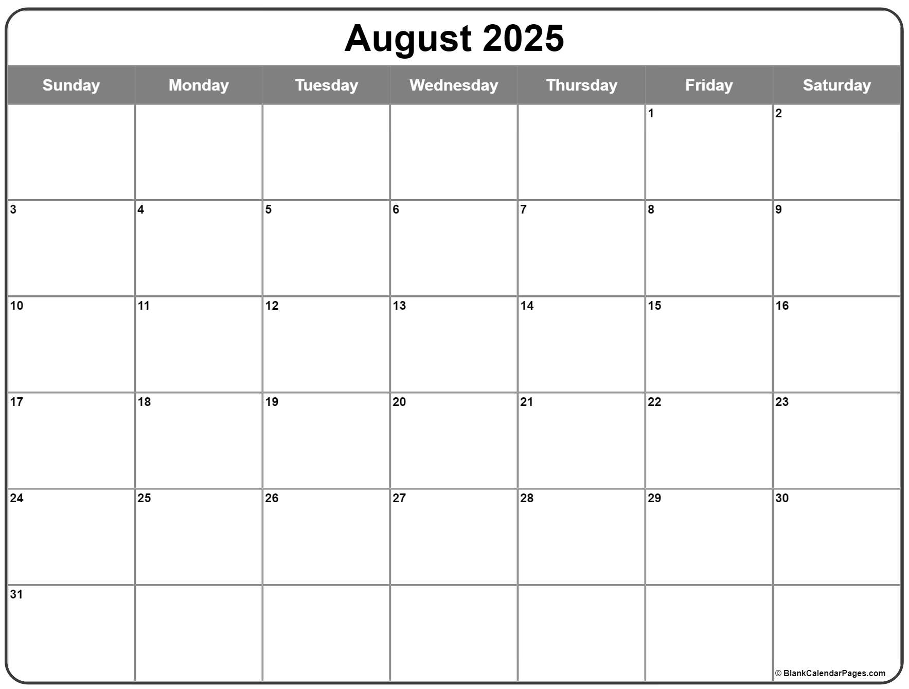 August 2025 Calendar Free Printable Calendars