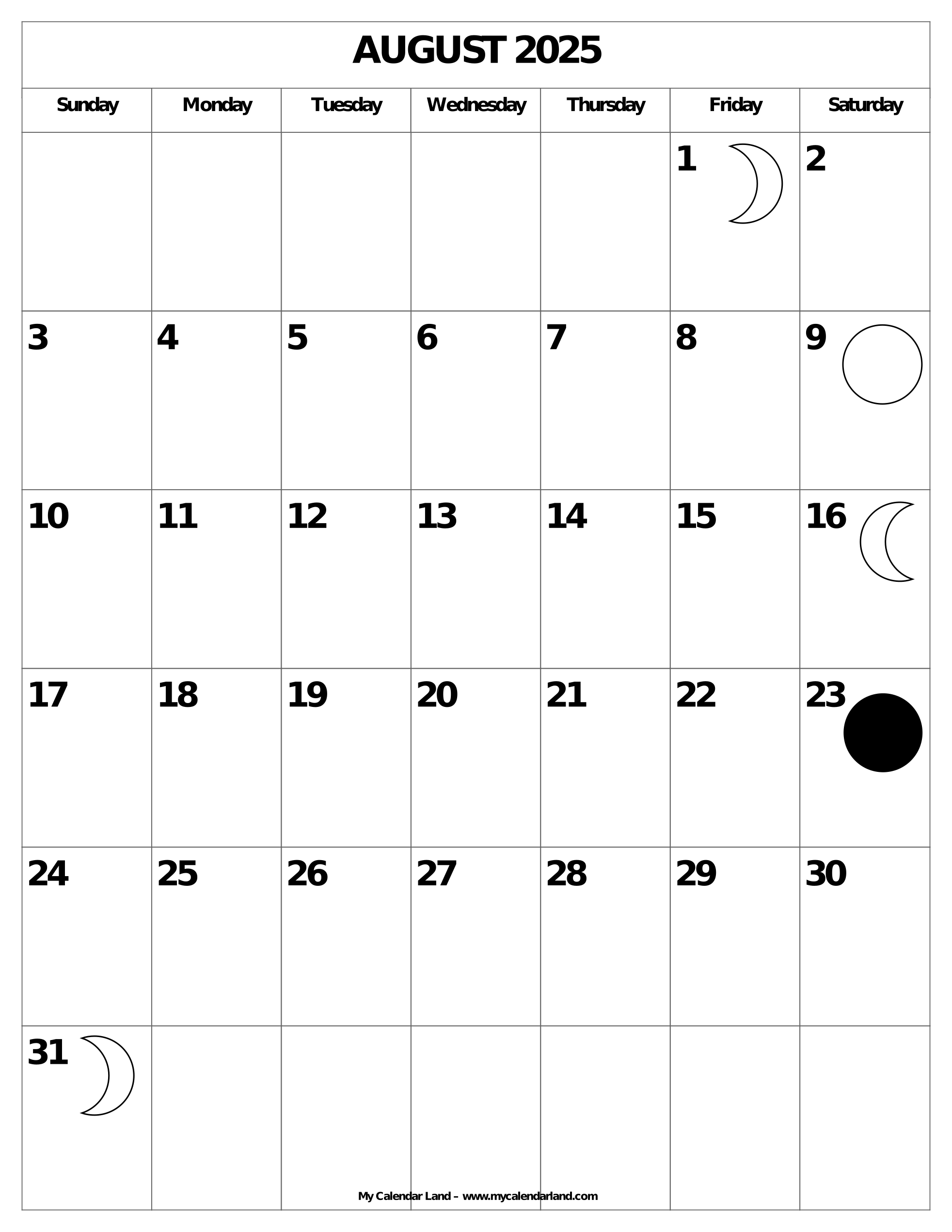 August 2025 Calendar My Calendar Land