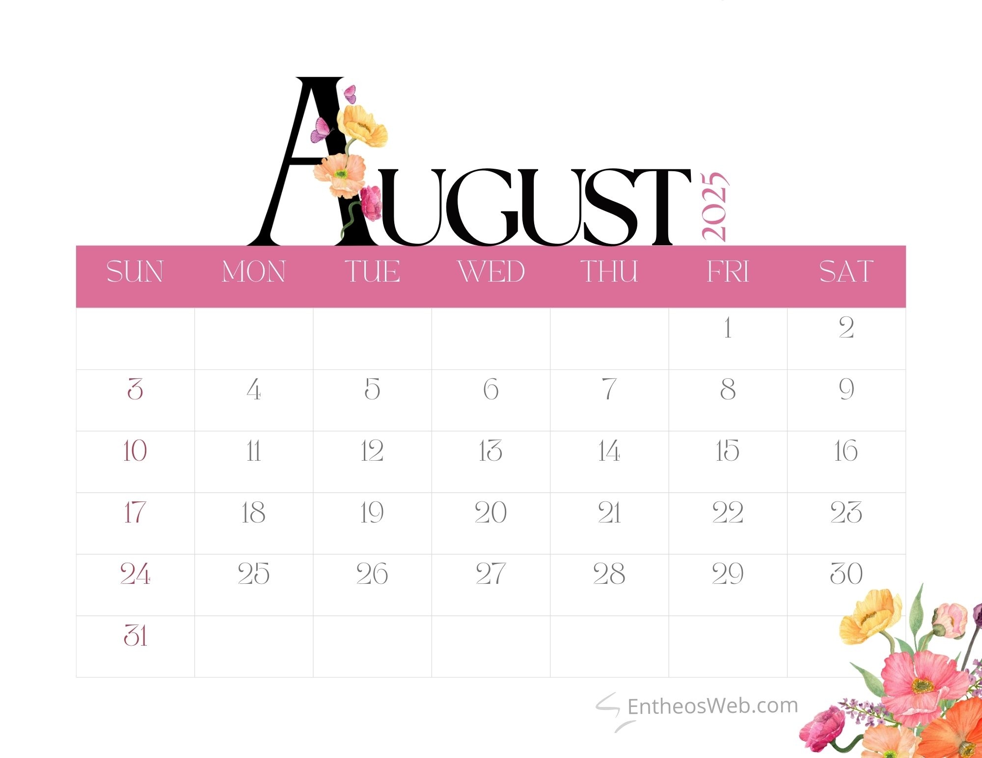 August 2025 Calendar Printables EntheosWeb