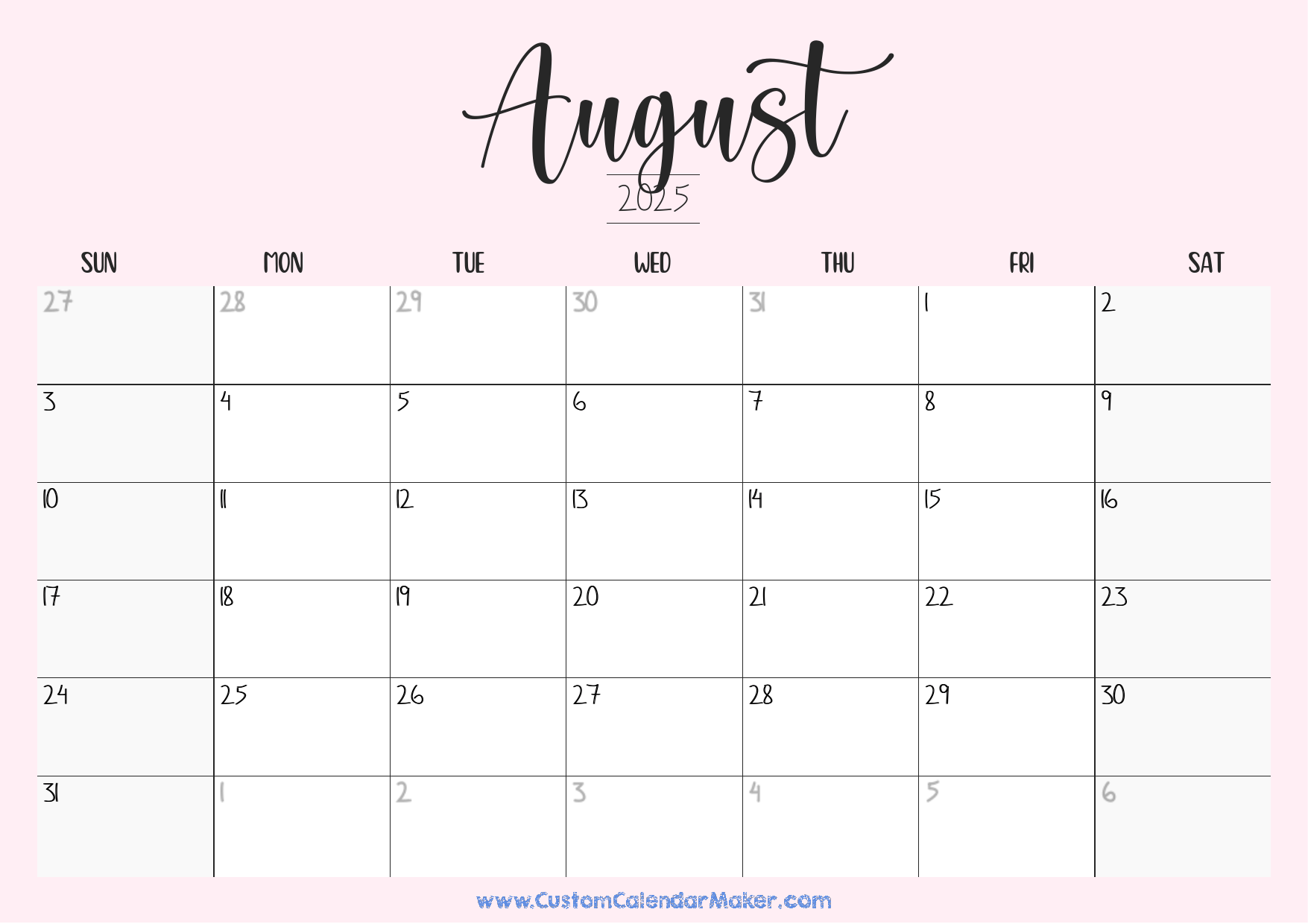 August 2025 Printable Calendar 23 Free Templates PDF Custom Calendar Maker