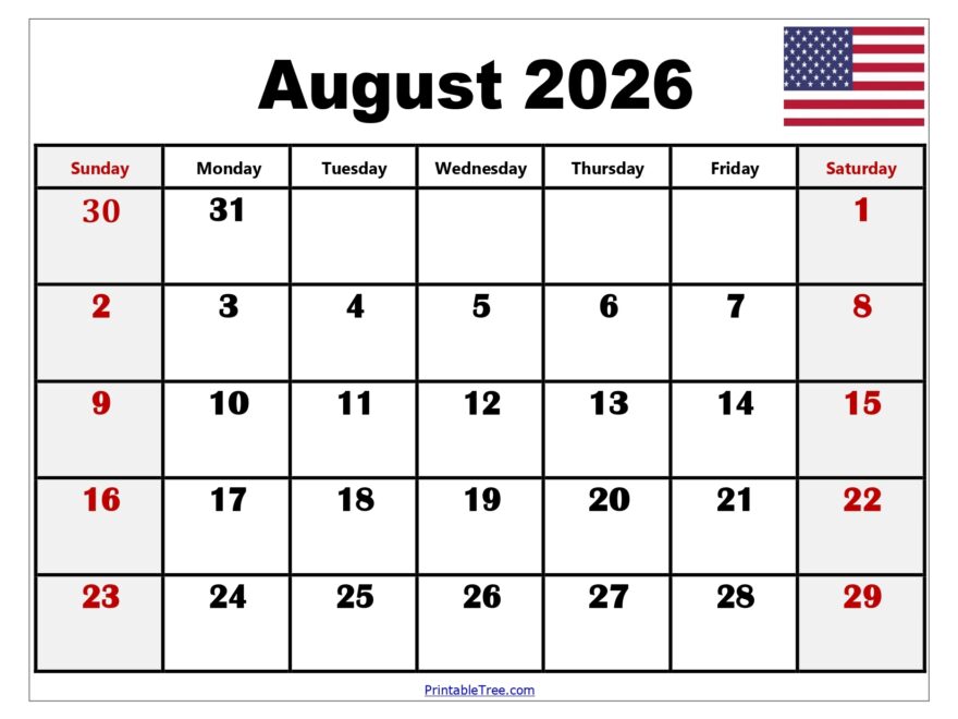 August 2026 Calendar Printable PDF With Holidays Template