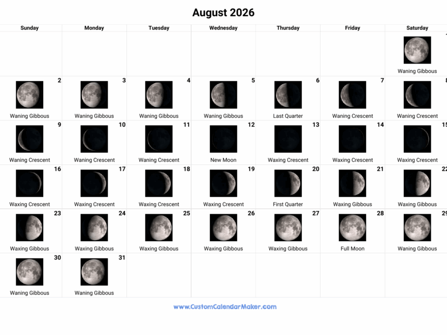 August 2026 Moon Phases Calendar Custom Calendar Maker