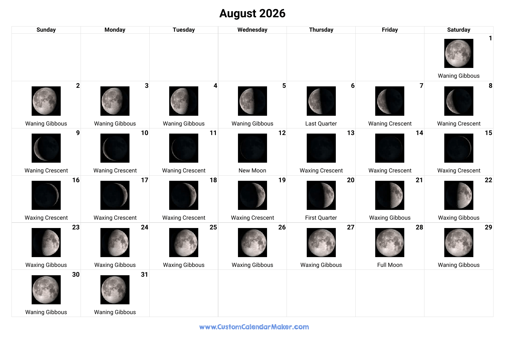 August 2026 Moon Phases Calendar Custom Calendar Maker