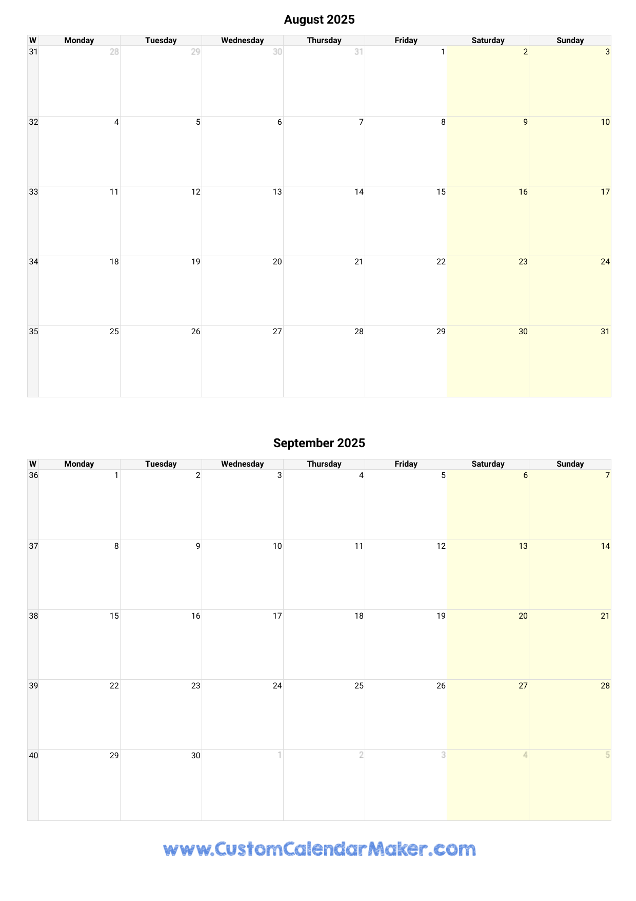 August And September 2025 Calendar Custom Calendar Maker