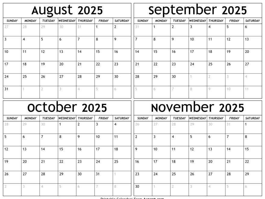 August To November 2025 Calendar Templates Four Months