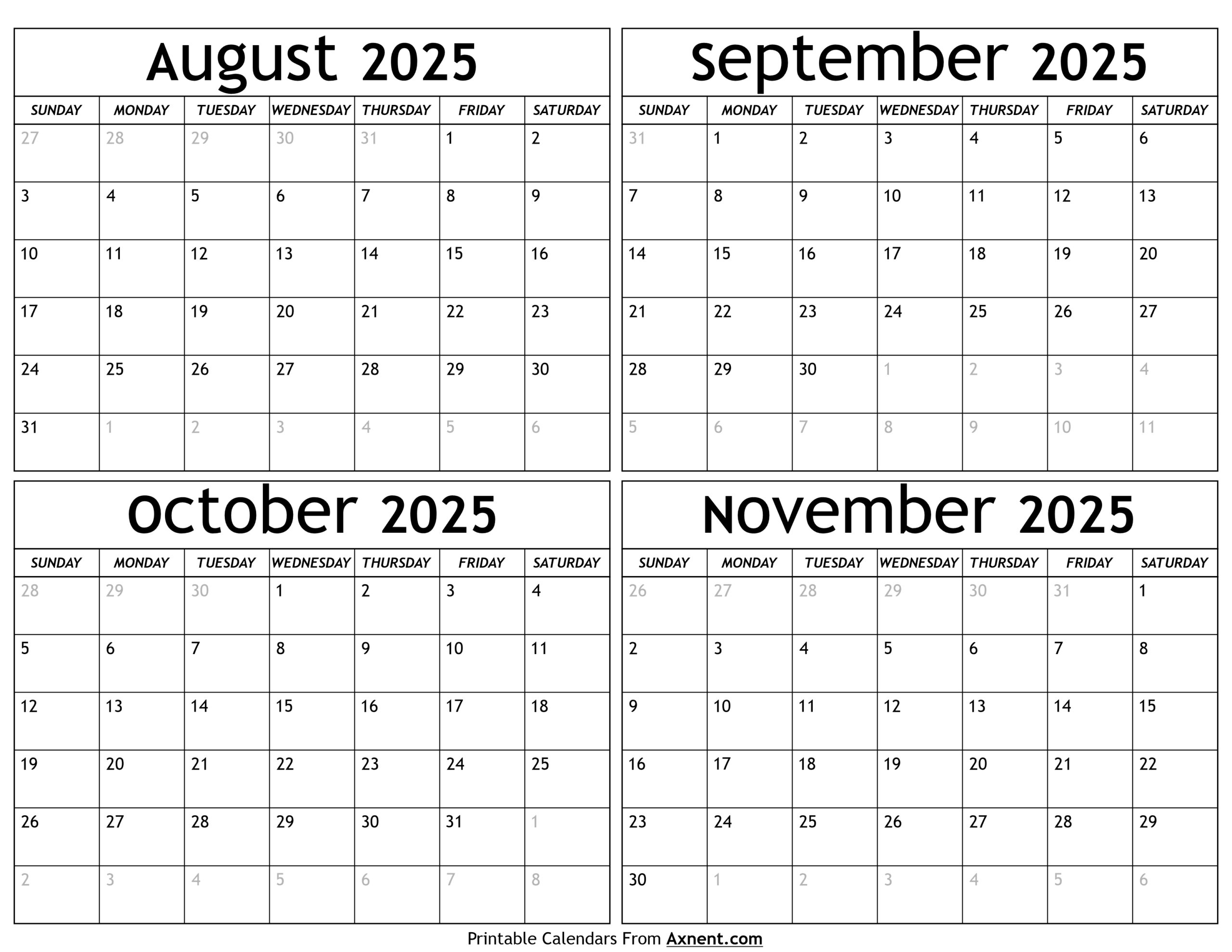 August To November 2025 Calendar Templates Four Months