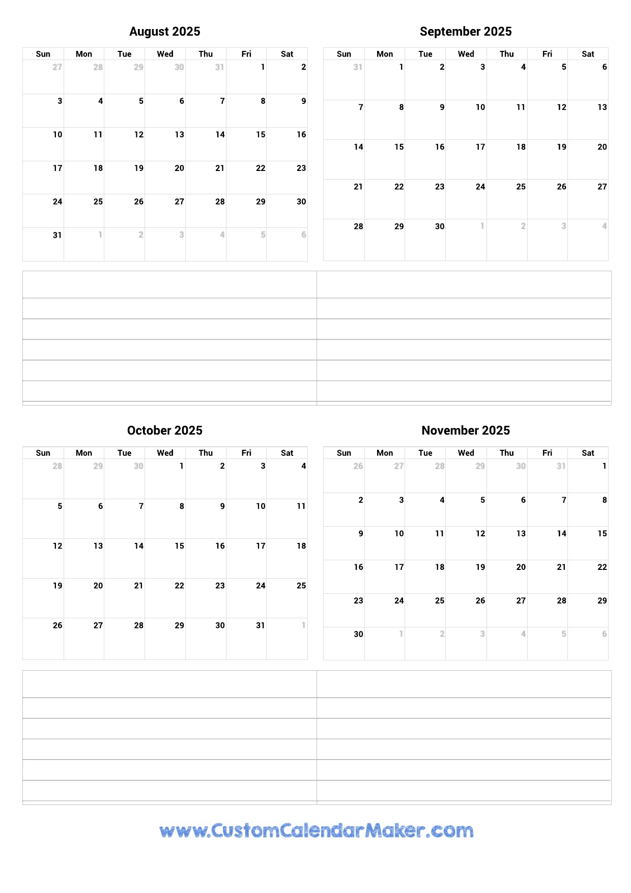August To November 2025 Printable Calendar Custom Calendar Maker