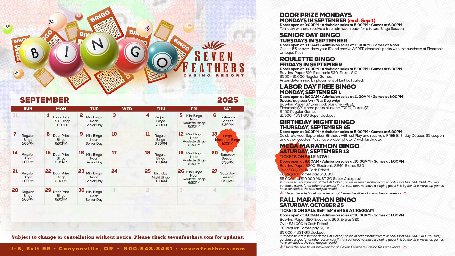 Foxwoods Bingo Calendar November 2025