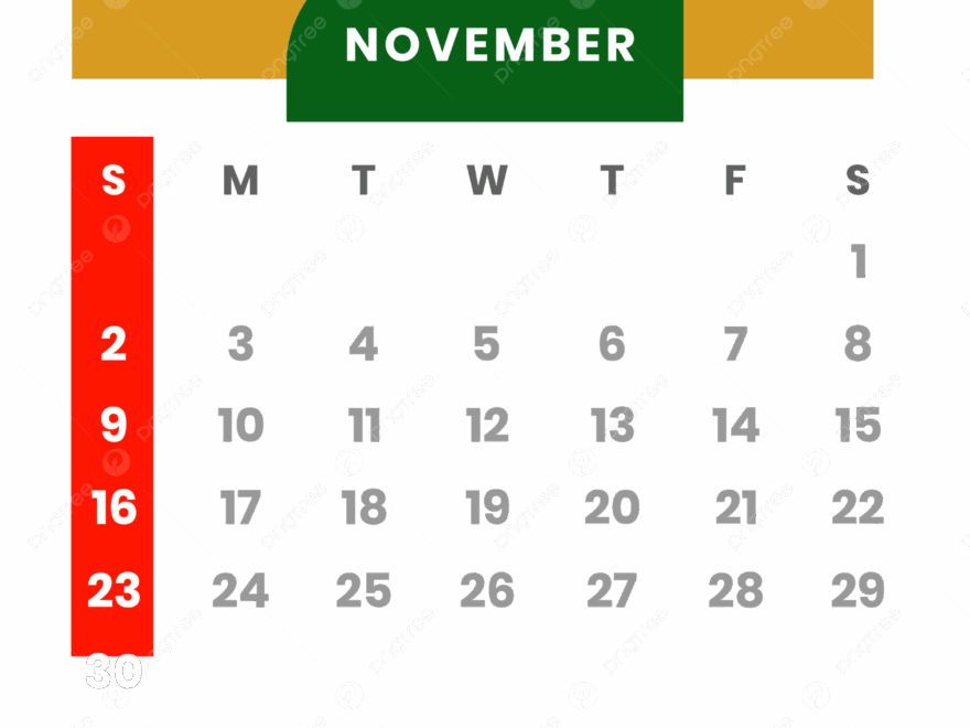 Calendar 2025 Monthly November With Holiday Green And Yellow Clipart Vector Calendar Calendar 2025 November PNG And Vector With Transparent Background For Free Download