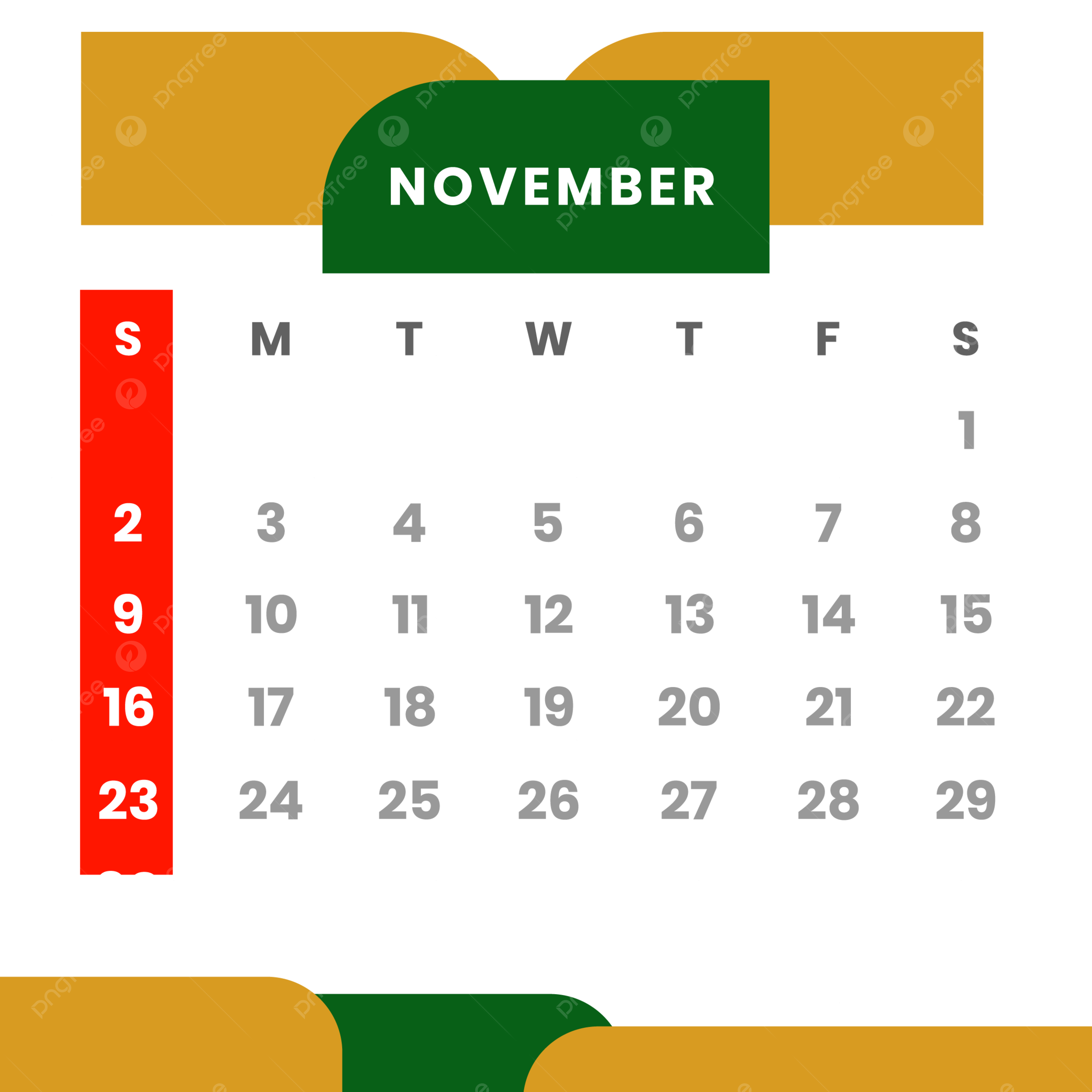 Calendar 2025 Monthly November With Holiday Green And Yellow Clipart Vector Calendar Calendar 2025 November PNG And Vector With Transparent Background For Free Download