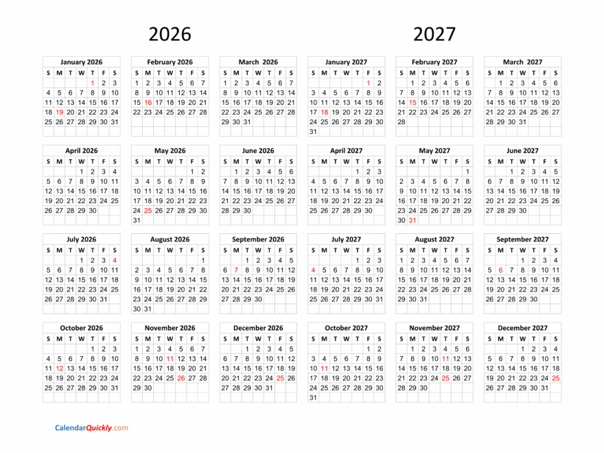 Calendar 2026 And 2027 On One Page Calendar Quickly