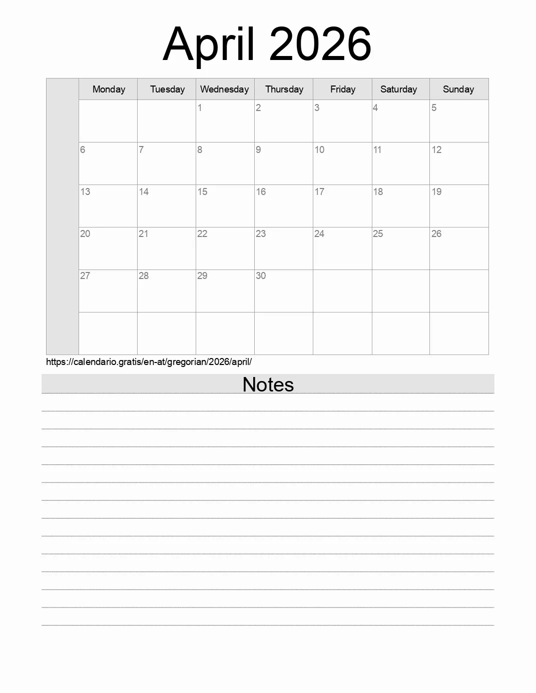 April 2026 Gregorian Calendar