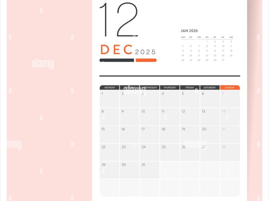 Calendar December 2025 Template Vector Desk Wall Calender For Print Digital Planner Week Start On Monday Annual Holiday Calendar Layout Design El Stock Vector Image Art Alamy