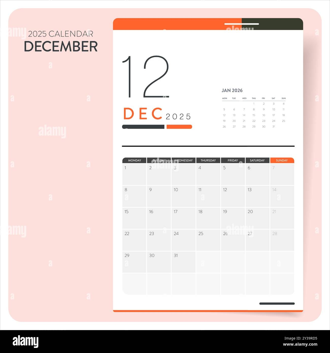 Calendar December 2025 Template Vector Desk Wall Calender For Print Digital Planner Week Start On Monday Annual Holiday Calendar Layout Design El Stock Vector Image Art Alamy