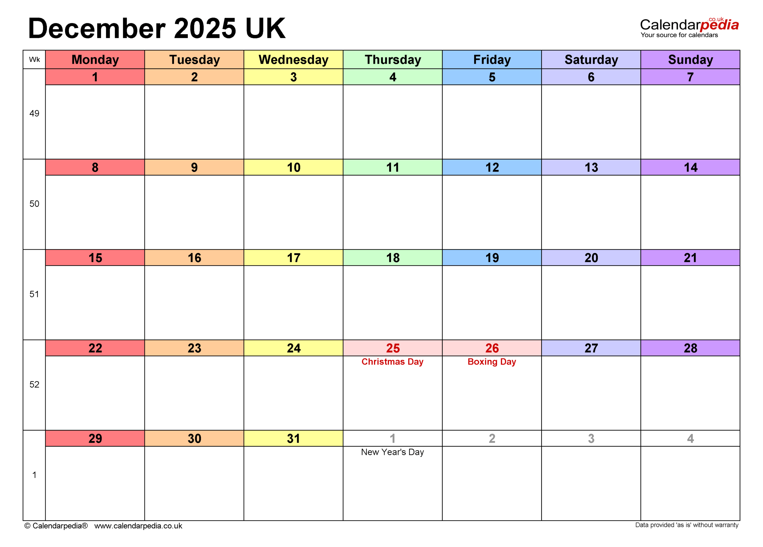 Calendar December 2025 UK With PDF Excel And Word Templates