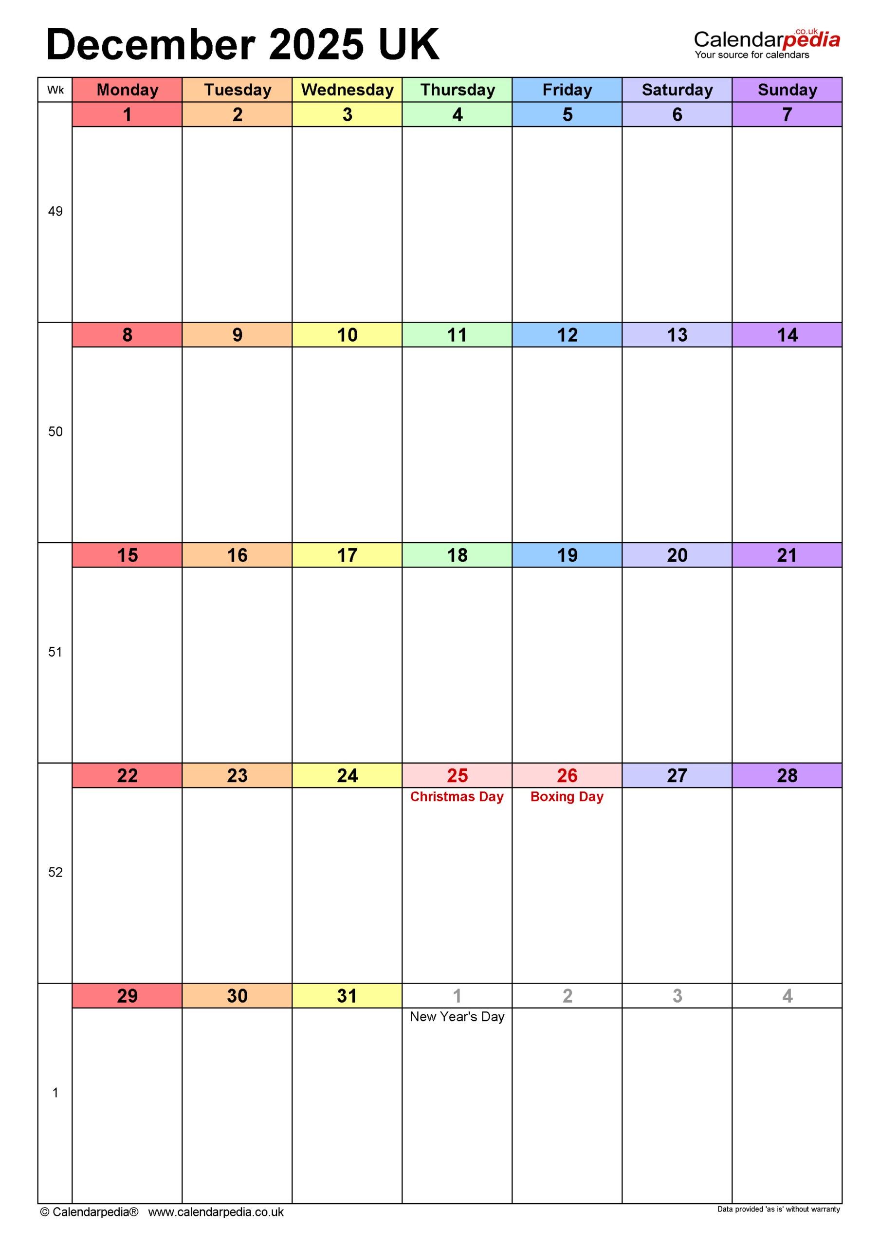Calendar December 2025 UK With PDF Excel And Word Templates