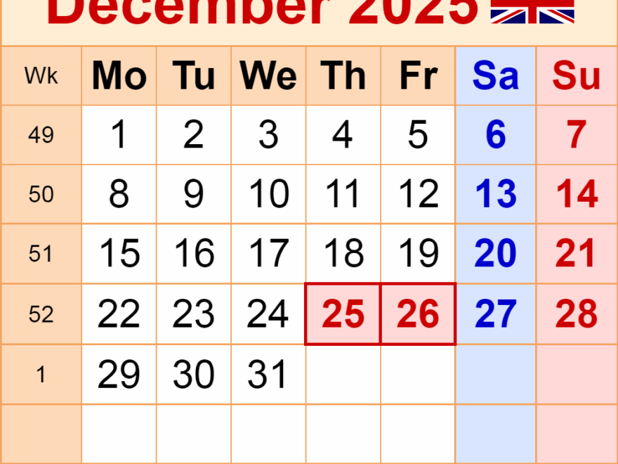Calendar December 2025 UK With PDF Excel And Word Templates