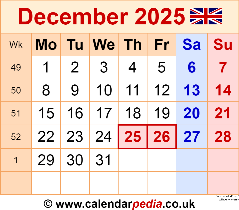 Calendar December 2025 UK With PDF Excel And Word Templates