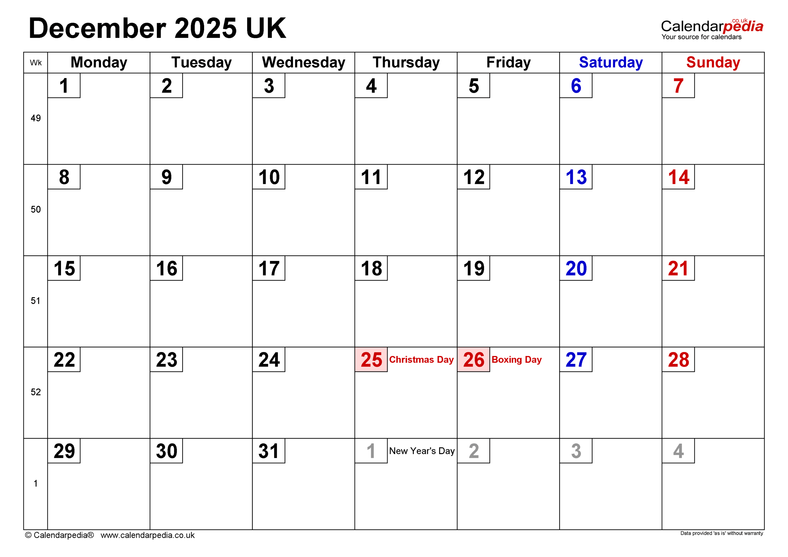 Calendar December 2025 UK With PDF Excel And Word Templates