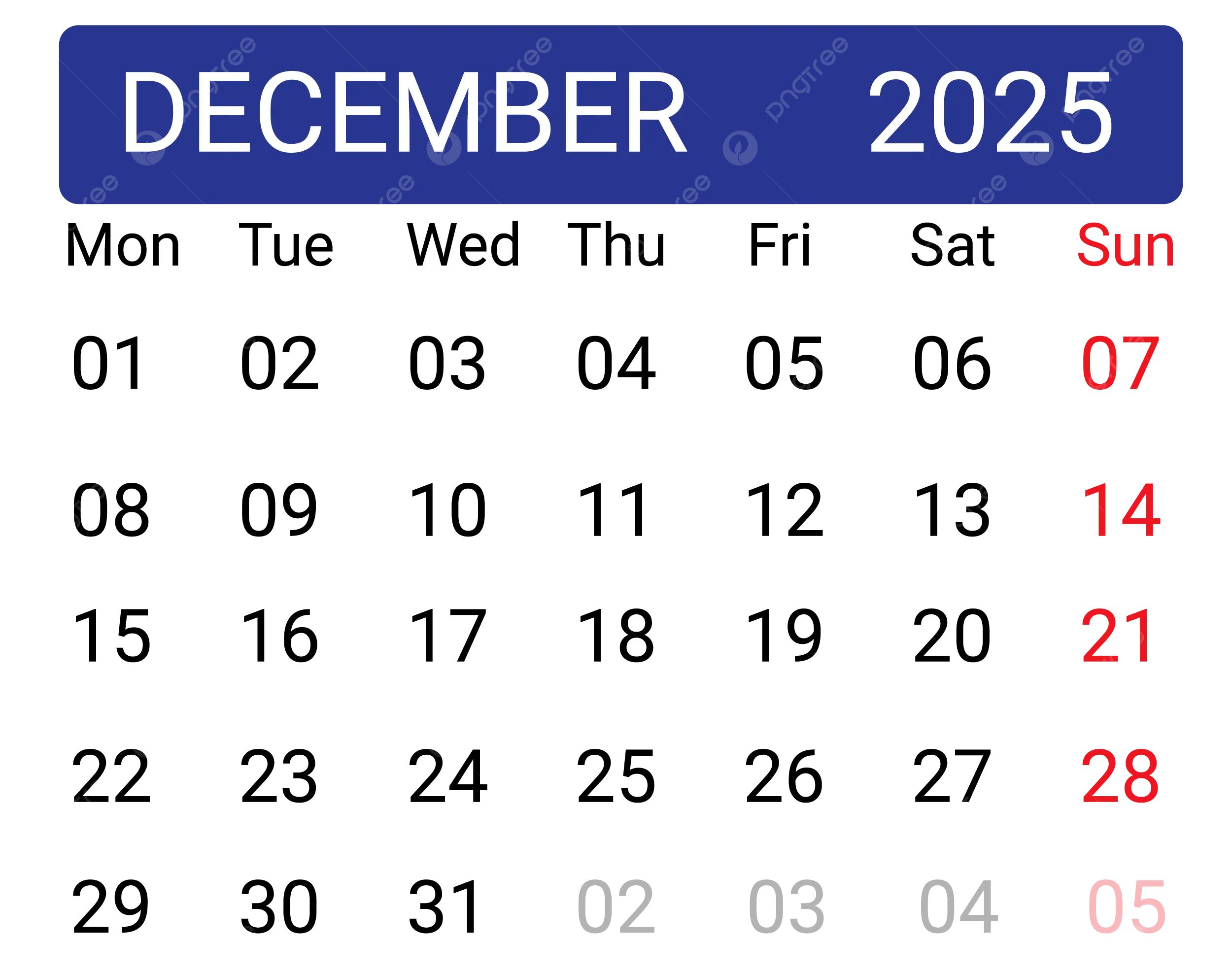 Calendar December 2025 Vector Calendar 2025 December 2025 Monthly PNG And Vector With Transparent Background For Free Download